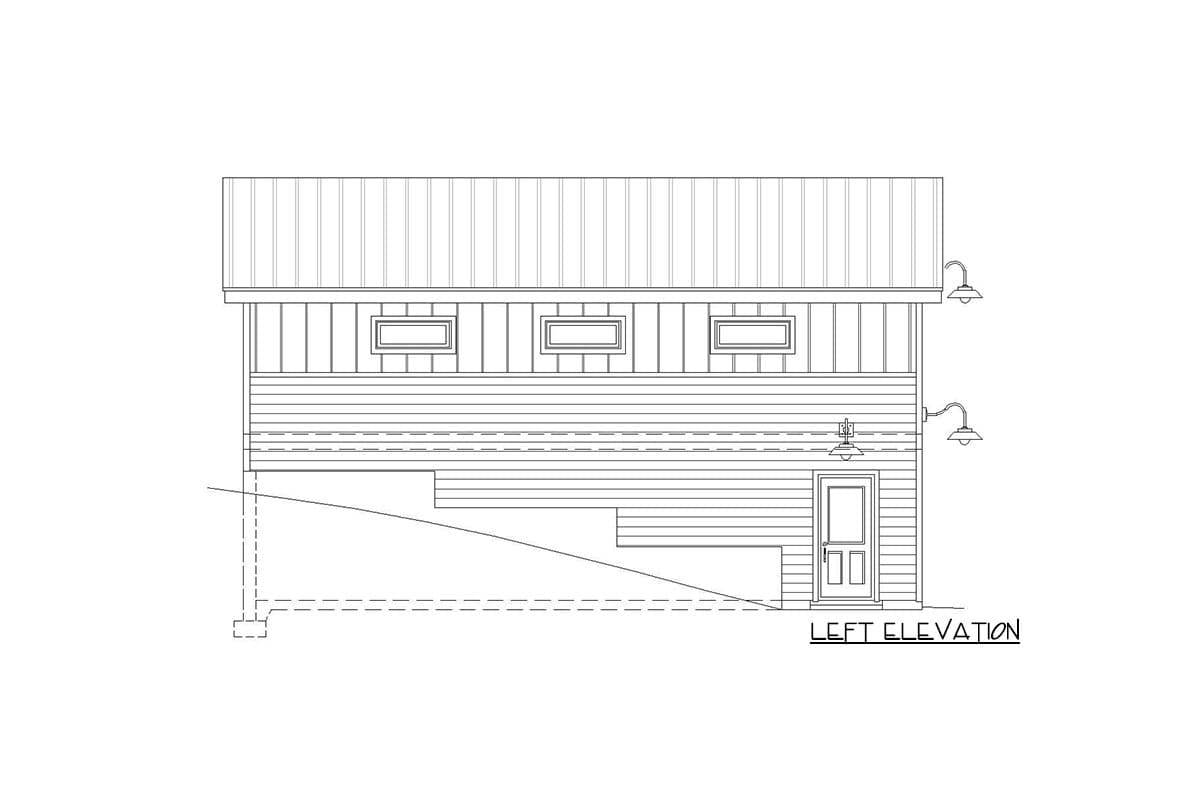 Left elevation house plan drawing showing horizontal siding, three upper windows, one door, and two exterior lights.