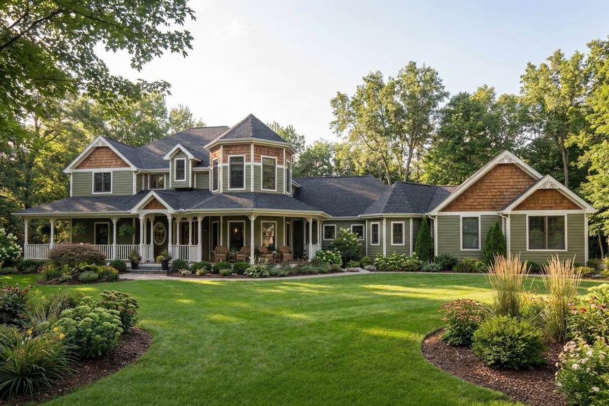 House plan exterior: Two-story home with wraparound porch, turrets, dormers, and cedar shake accents.