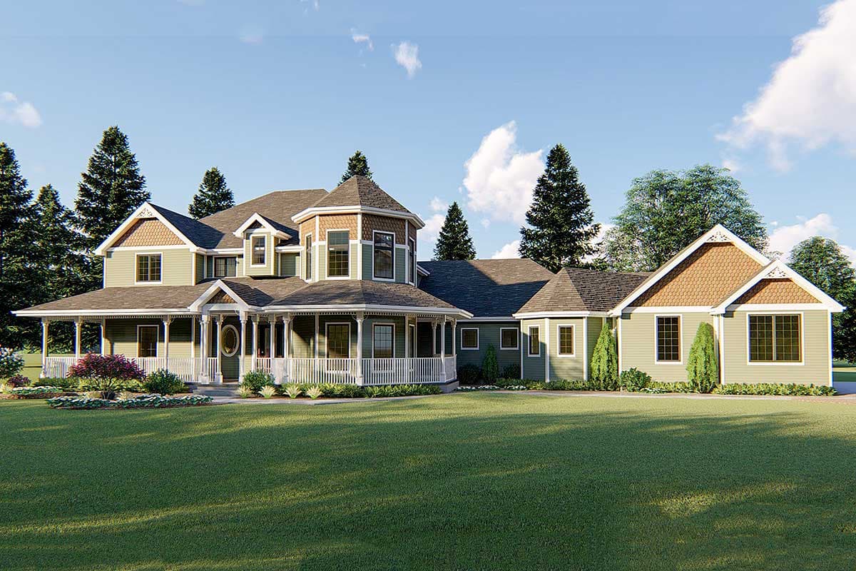 House plan exterior: Two-story home with wraparound porch, octagonal turret, gables, and varied rooflines.