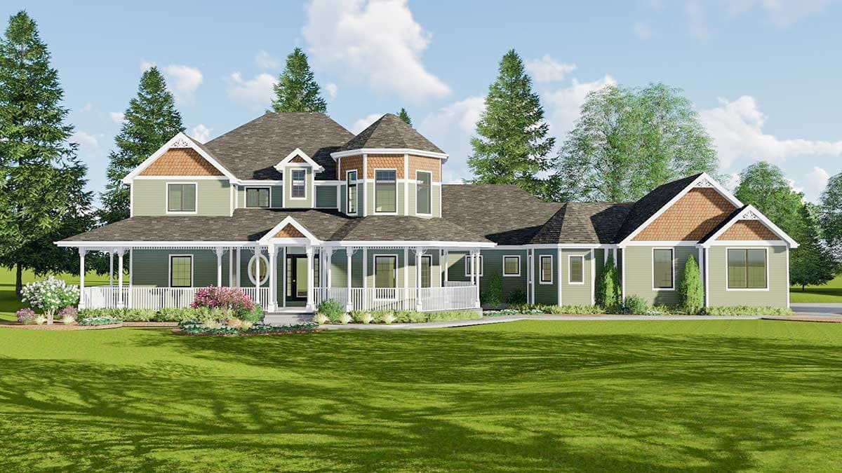 House plan exterior with two stories. Craftsman style with a wraparound porch, gables, and dormers. Features a turret-like section.