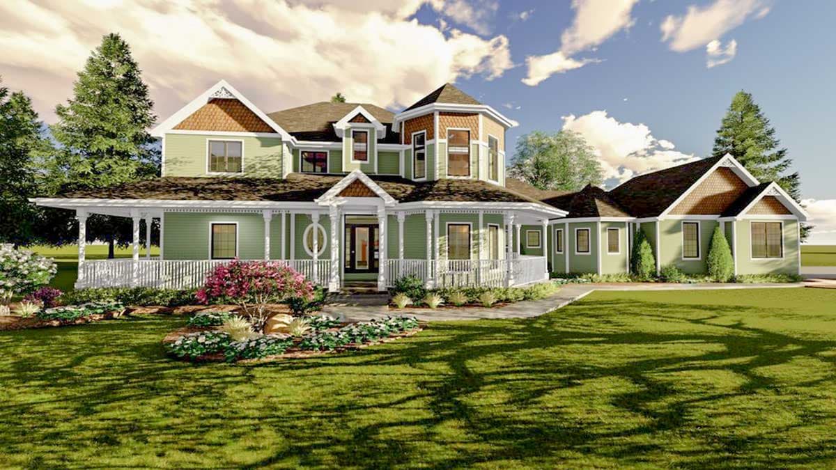 House plan exterior: Two-story house with wrap-around porch, prominent gables, and octagonal tower.