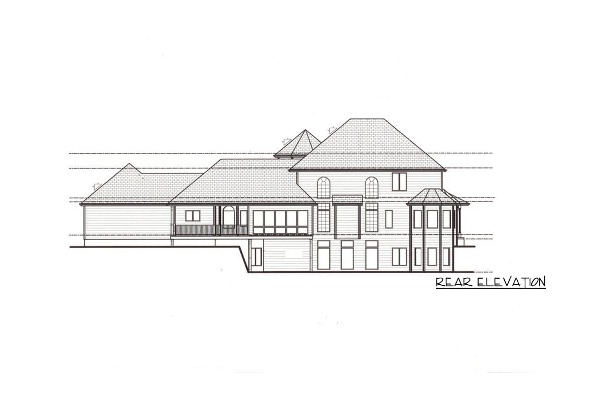 Rear elevation drawing of a multi-story house with a covered porch, large windows, gables, and multiple rooflines.