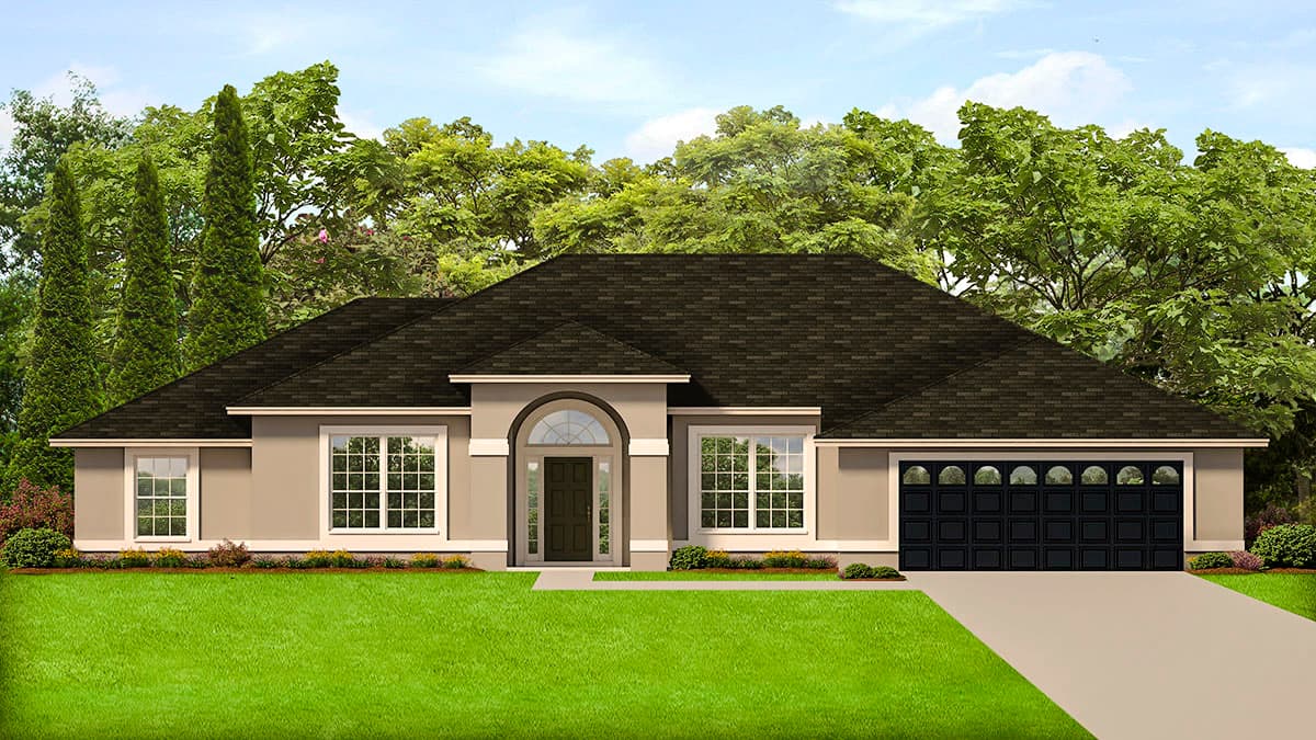 House plan exterior. Single-story Ranch style home with a low-pitched roof, arched entry, and attached garage with arched top panels.