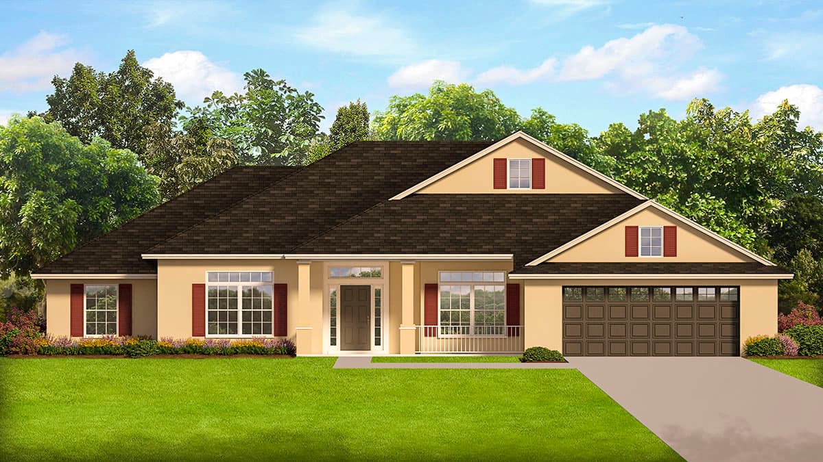 House plan exterior. One-story house with gabled roof, front porch, and attached garage. Includes dormers and symmetrical window placement.