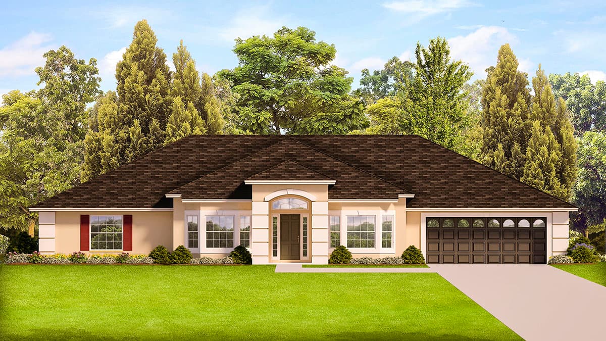 House plan exterior with a single story, arched entry, a hip roof, and a two-car garage. Features include multiple windows and shuttered windows.