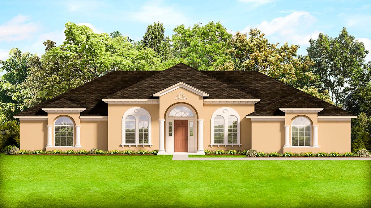 House plan exterior. One-story Ranch style home with arched windows, symmetrical design, and a hipped roof. Features include decorative entry.