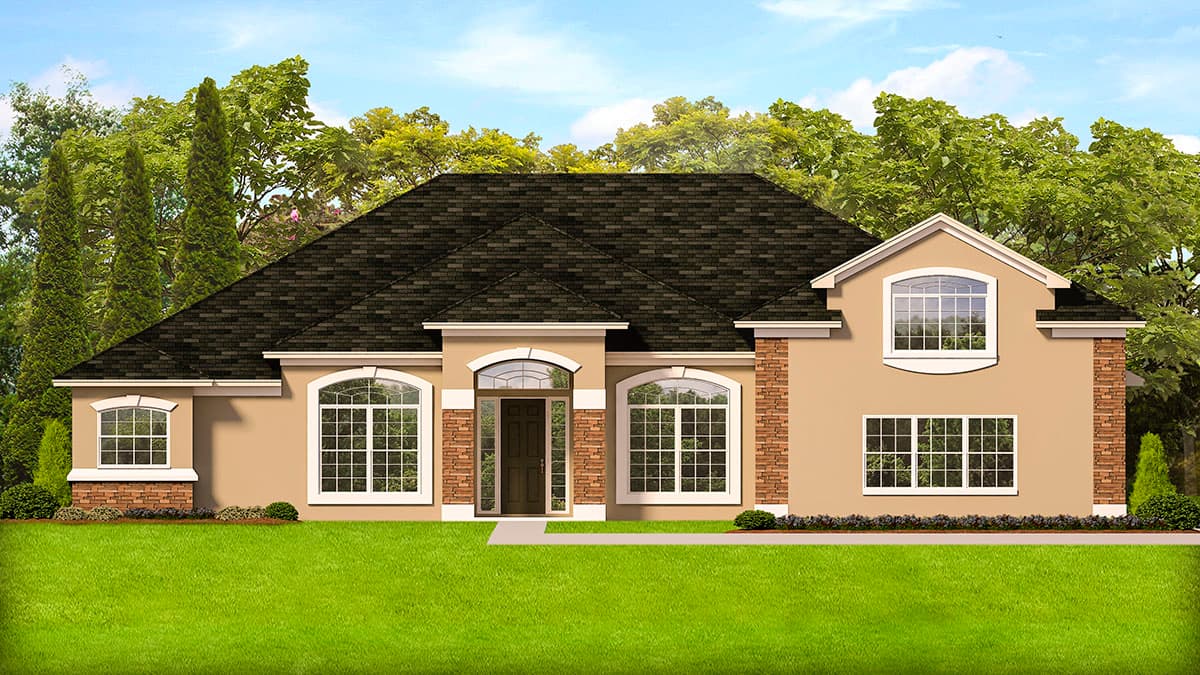House plan exterior. One-story Ranch style. Features include gabled dormer, arched windows, brick facade accents, and a covered entry.