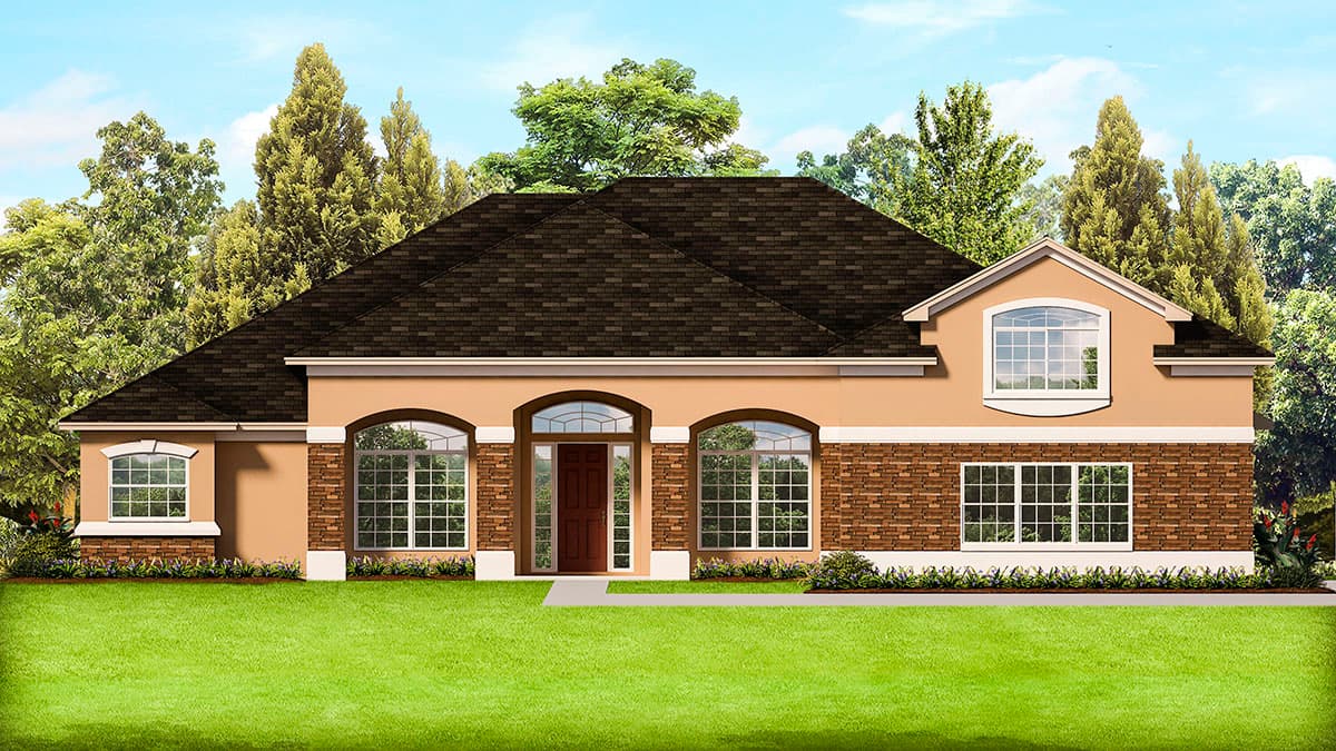 House plan exterior. One-story house with a brick facade, arched entry, dormer, and a hipped roofline.