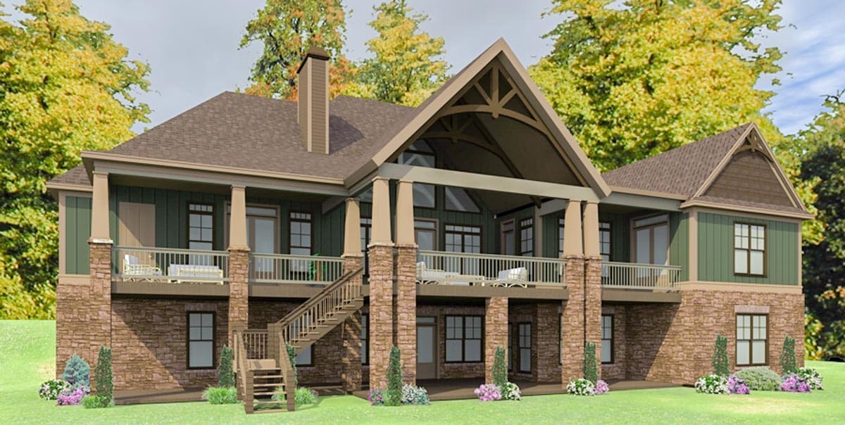 House plan exterior: Two-story modern farmhouse with stone base, covered balconies, prominent gable with exposed rafter tails, and dormers.