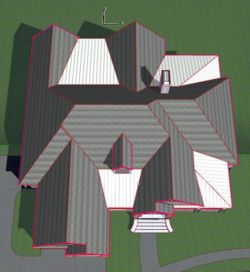Architectural rendering of a house plan exterior showing complex rooflines with multiple gables, dormers, and a chimney.