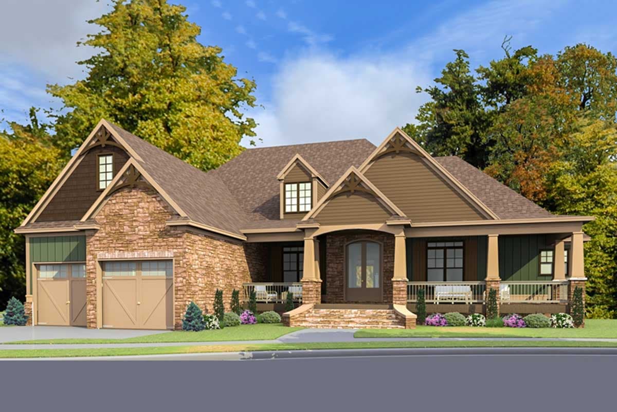 House plan exterior. Craftsman style, single-story home with gabled roof, stone facade, and covered porch with columns. Garage on left.
