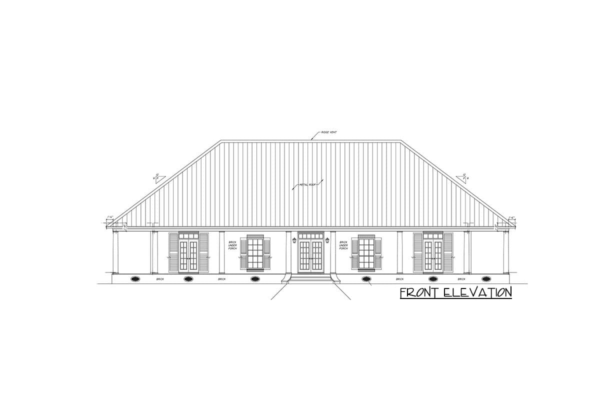 Front elevation drawing of a house plan with a metal roof, central double doors, shutters, and brick foundation.