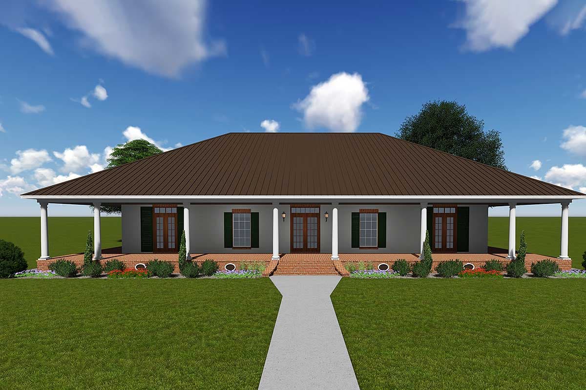 House plan exterior with a single story, wide front porch, brick foundation, and symmetrical facade with French doors and shuttered windows.