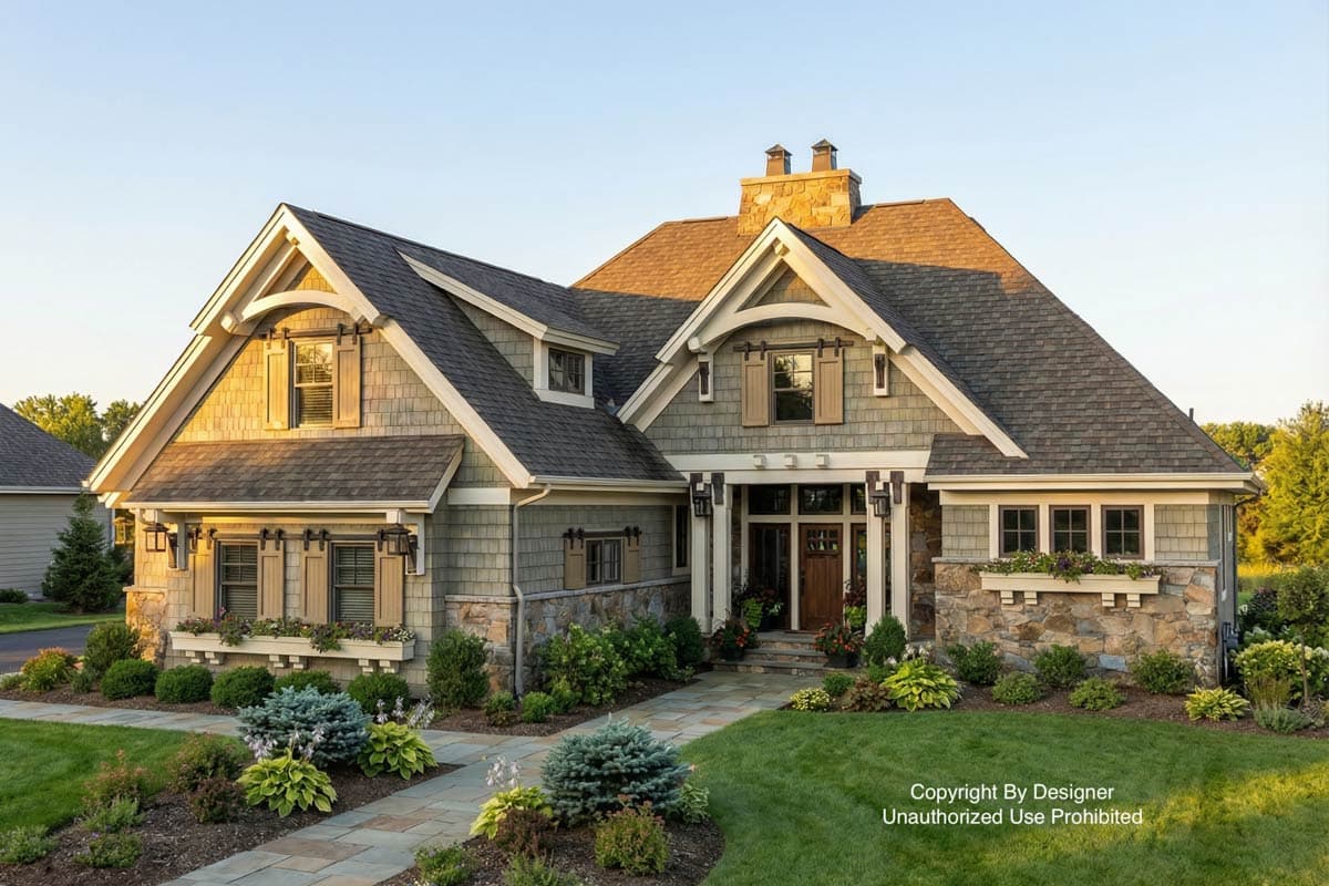 A craftsman-style house with stone accents, a landscaped front yard, and a stone walkway leading to a wooden front door.