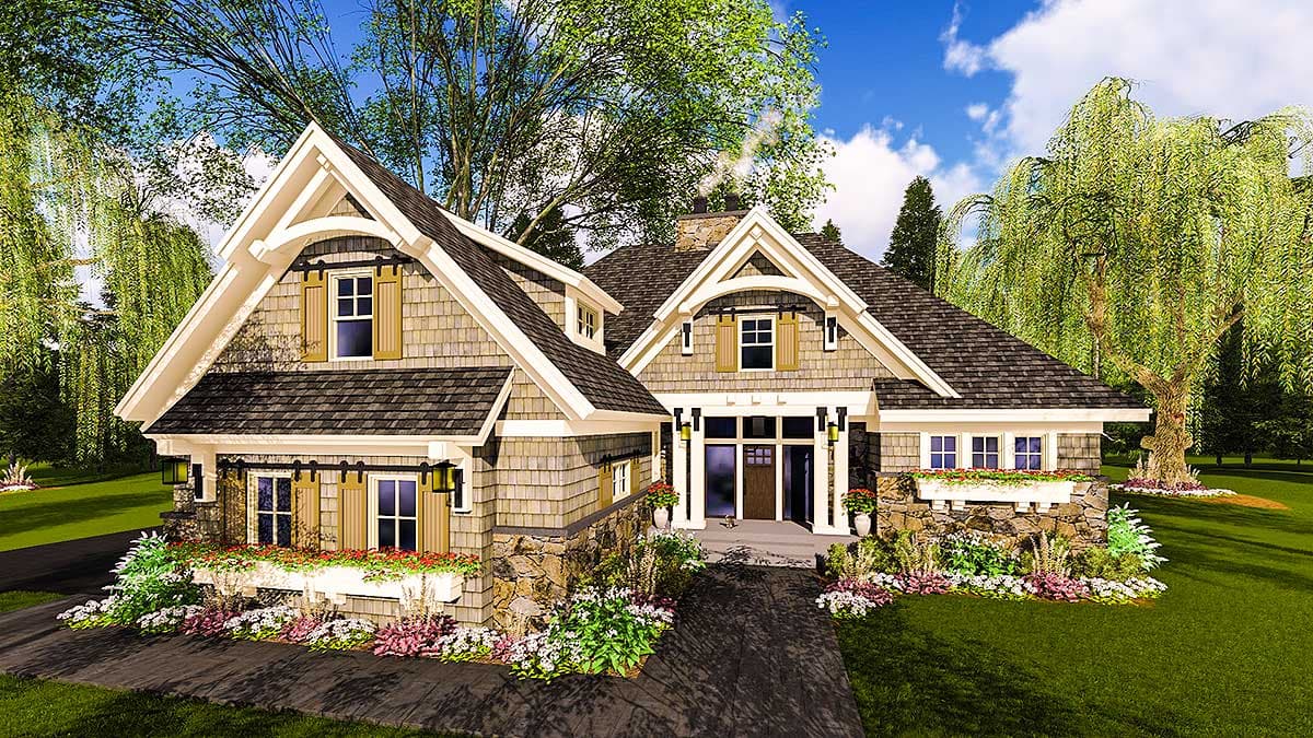 House plan exterior: Craftsman style, two stories, stone base, gabled dormers, and a covered front porch.