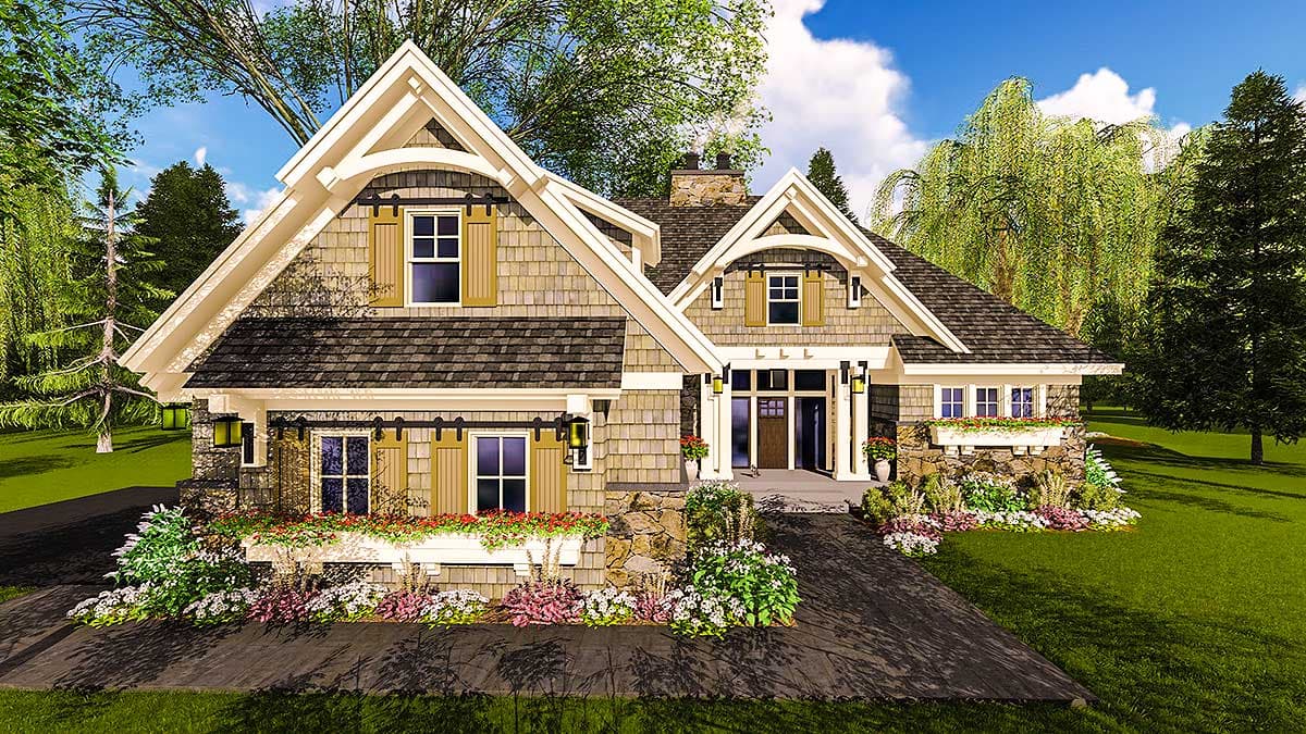 Craftsman house plan exterior with stone accents, shingle siding, multiple gables, dormers, and a covered front entry.