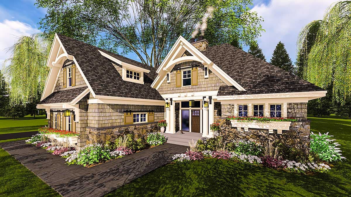 Craftsman house plan exterior, two stories, stone foundation, prominent gables, dormers, and covered entry.