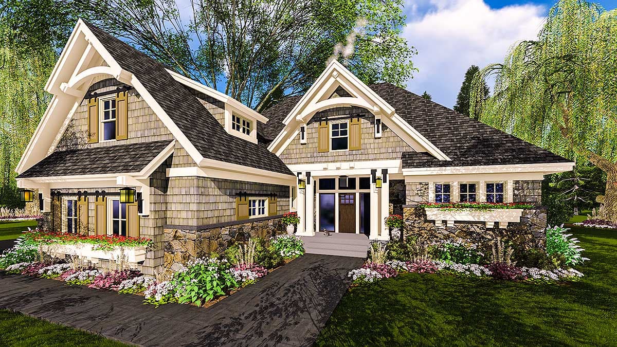 House plan exterior: Craftsman style with stone foundation, prominent gables, and covered entry.