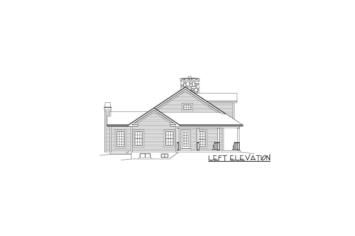 Left elevation house plan drawing of a one-story home with a prominent stone chimney, gable roof, and covered front porch.