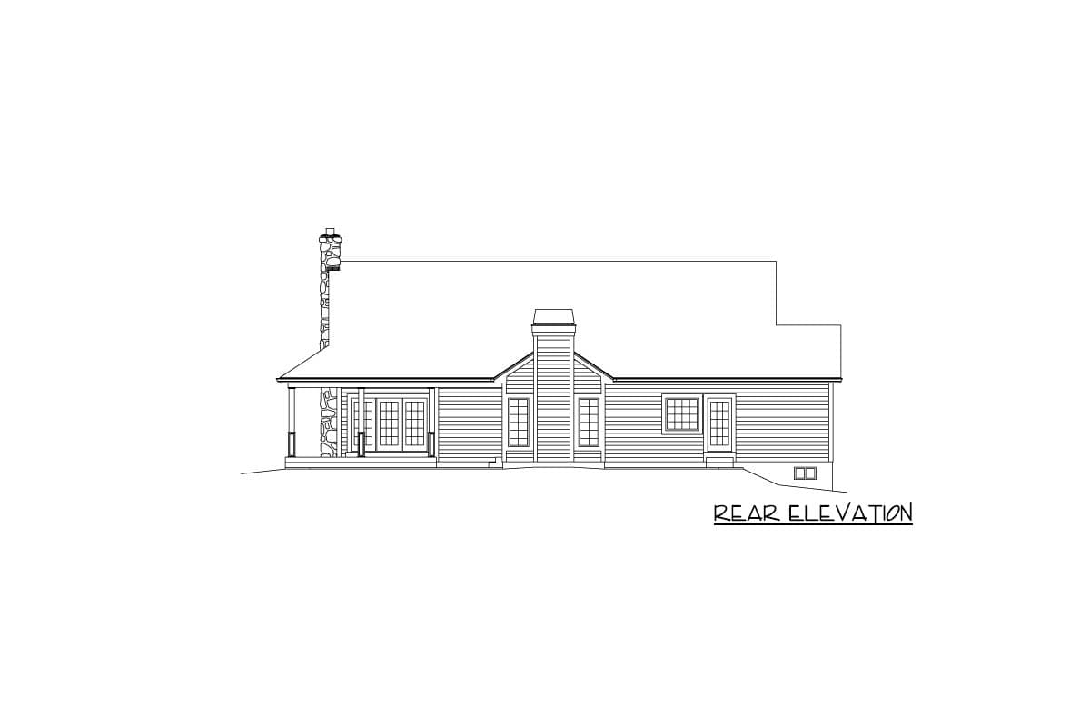 Rear elevation drawing of a house plan with a covered porch, stone chimney, and double doors.