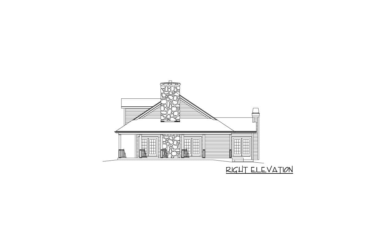 Right elevation drawing of a house plan featuring a prominent stone chimney, gable rooflines, and multiple French doors opening to a porch.