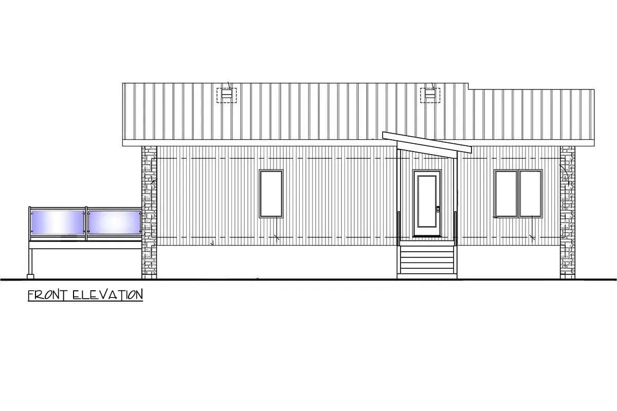 Front elevation drawing of a single-story house with a metal roof, covered porch, and stone accents.