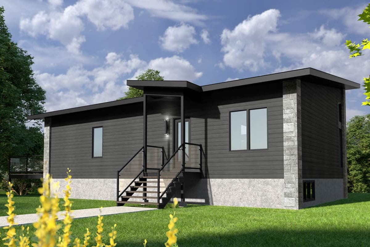 House plan exterior, single-story modern home with dark horizontal siding, stone accents, and a cantilevered roofline.