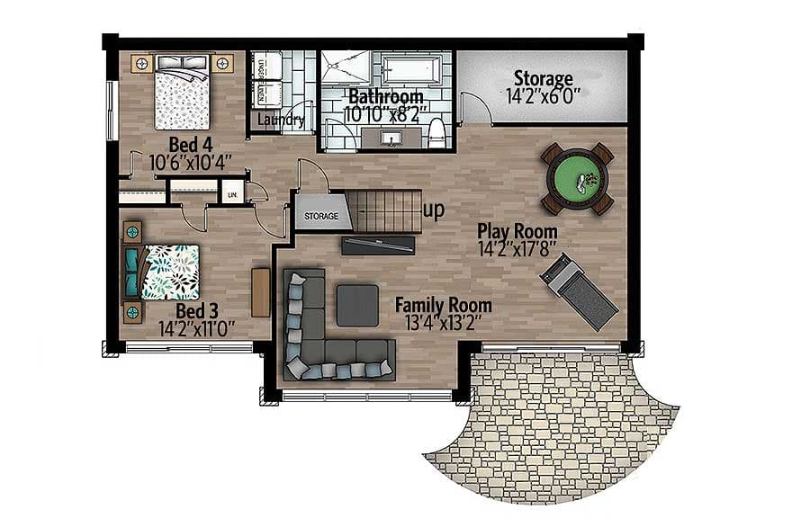 Plan 90310PD: Expandable Contemporary House Plan for a Rear Sloping Lot - 1217 Sq Ft - Floor Plan - Lower Level - Contemporary, Mid Century Modern, Mountain, Ranch