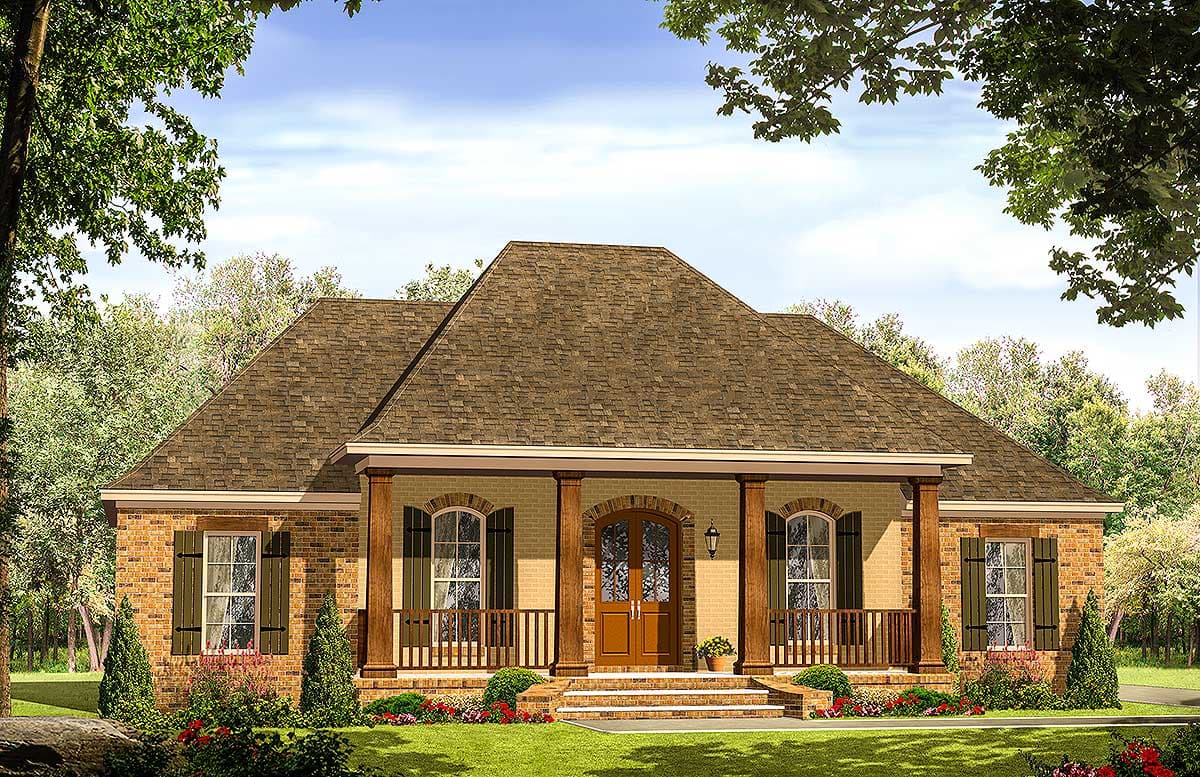 House plan exterior. One-story brick home with a gable roof, covered porch supported by columns, and arched windows.
