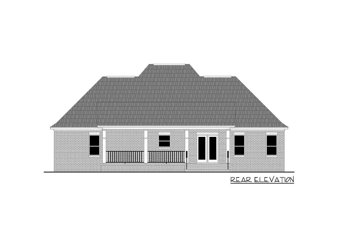 Rear elevation drawing of a one-story brick house with a hip roof, porch, and double doors.