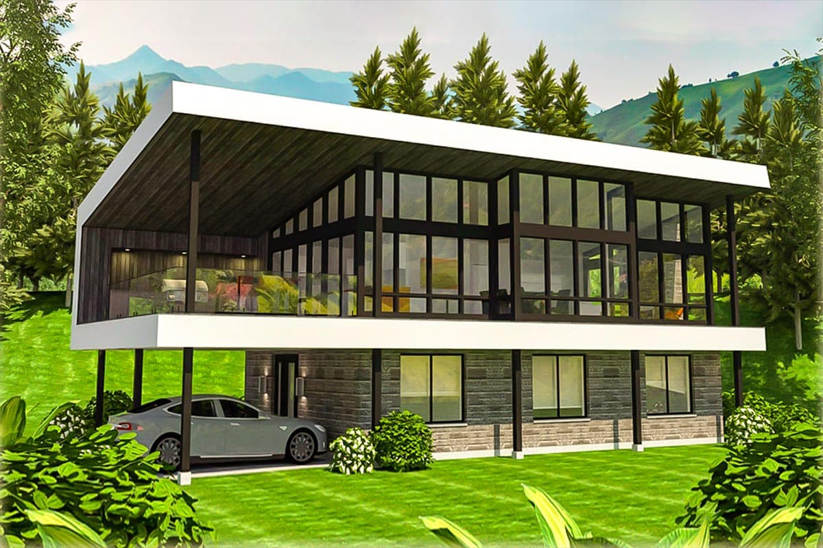 House plan exterior. Modern style, two-story home with a flat roof, large glass windows, and a carport.