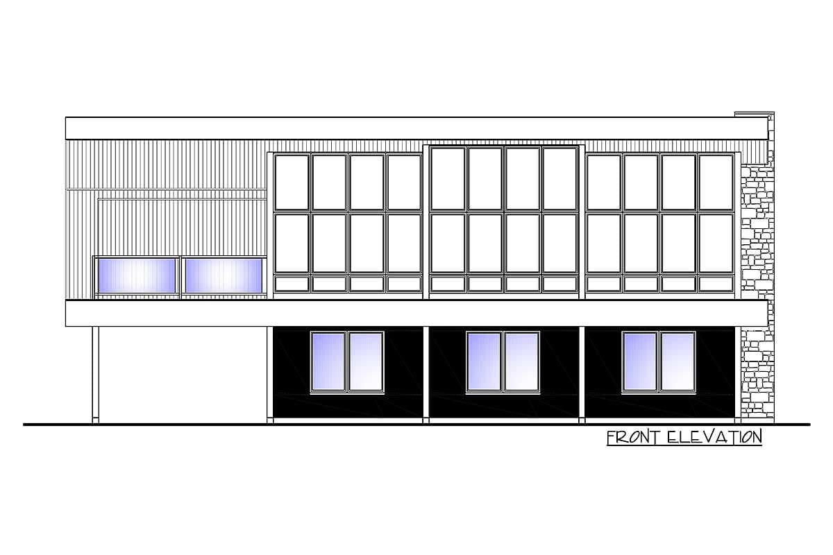 Front elevation drawing of a modern house plan with a flat roof, multiple window types, and stone veneer.