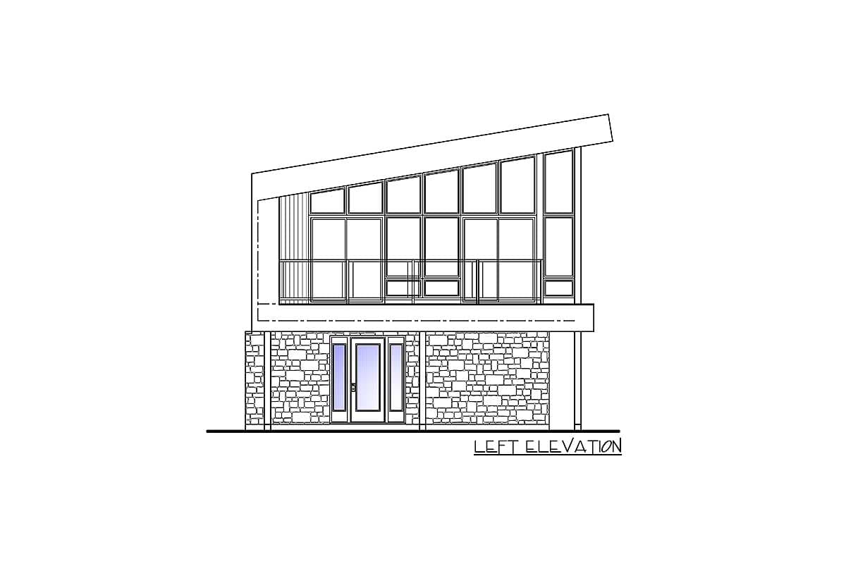 Modern house plan left elevation with stone base, multi-pane windows, and sloped roofline.