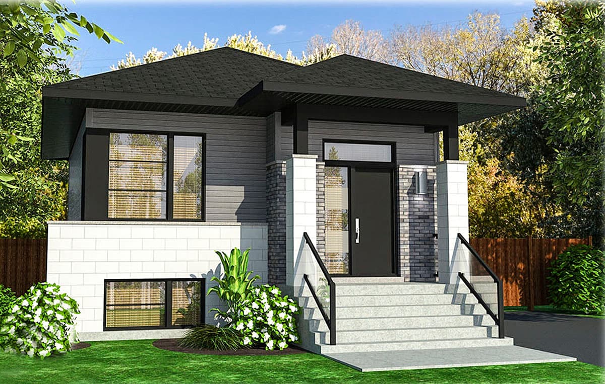 House plan exterior. Modern style with a flat roof, horizontal siding, and prominent windows. Features a covered entry porch with stairs.