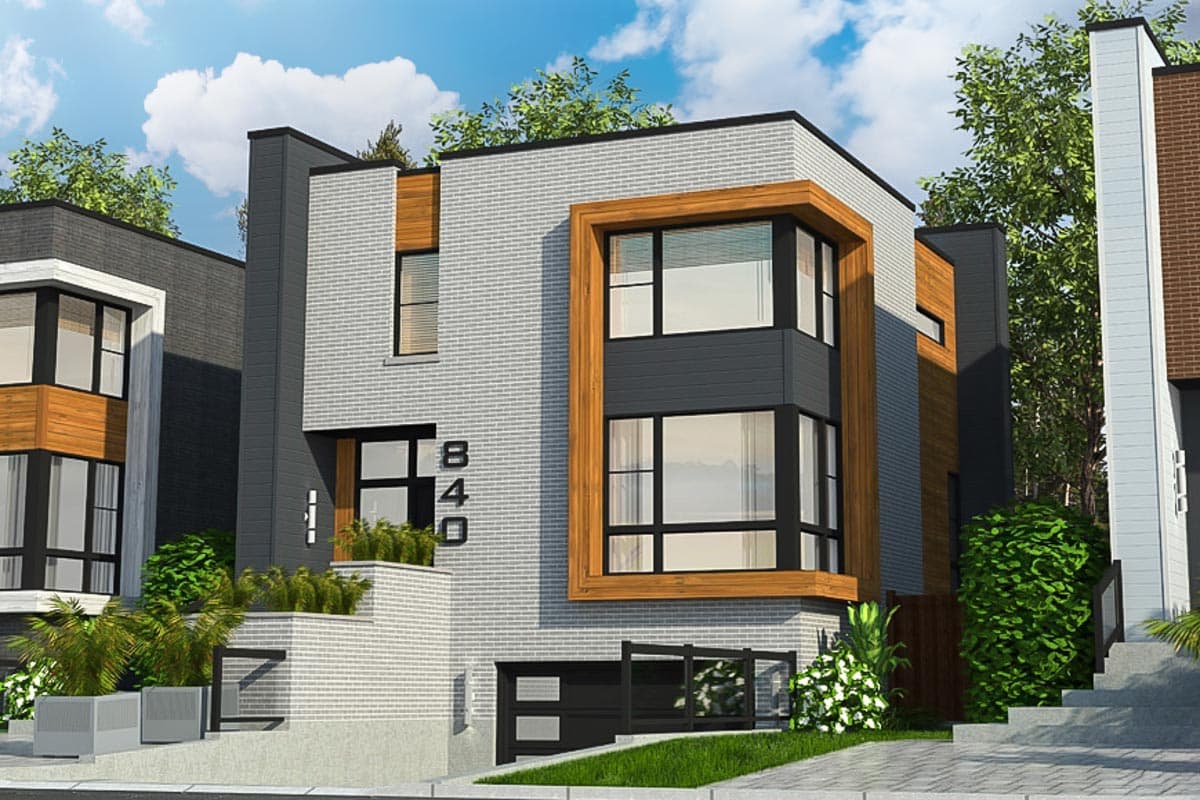 House plan exterior with modern design. Two-story structure featuring a wood-framed bay window, a flat roof, and a ground-level garage.