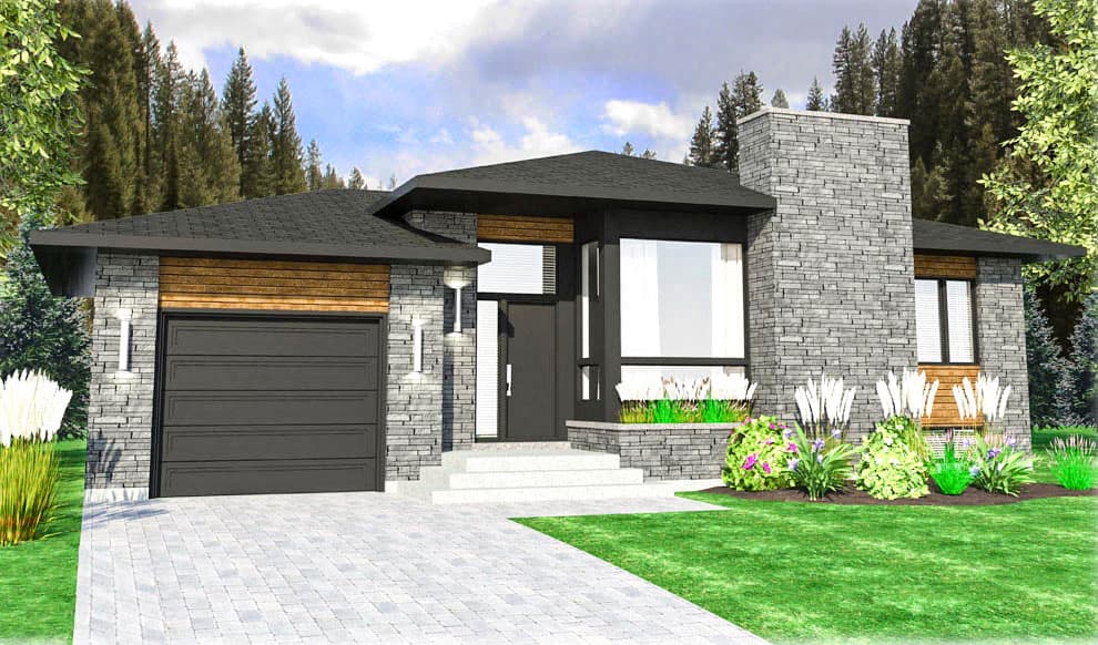 House plan exterior featuring a modern design with a single story, stone facade, flat roof, wood accents, and a front-facing garage.