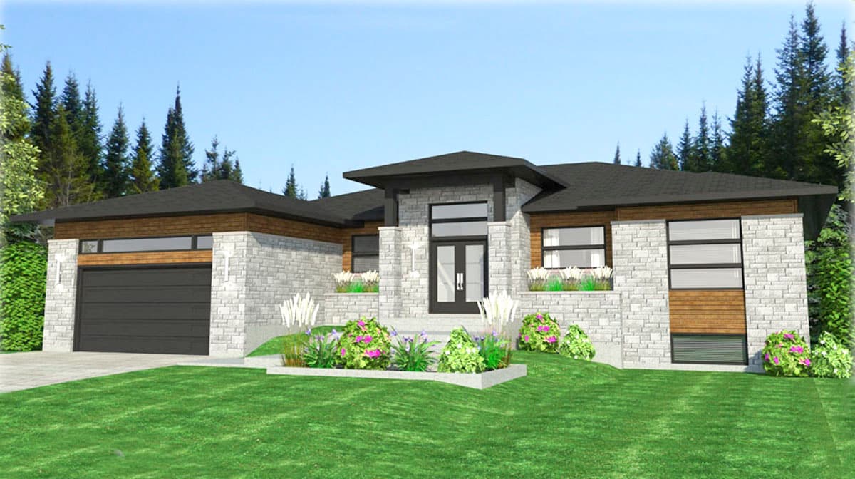House plan exterior. Modern style with stone and wood siding, flat roof, and an attached garage. Features include a covered entry and large windows.
