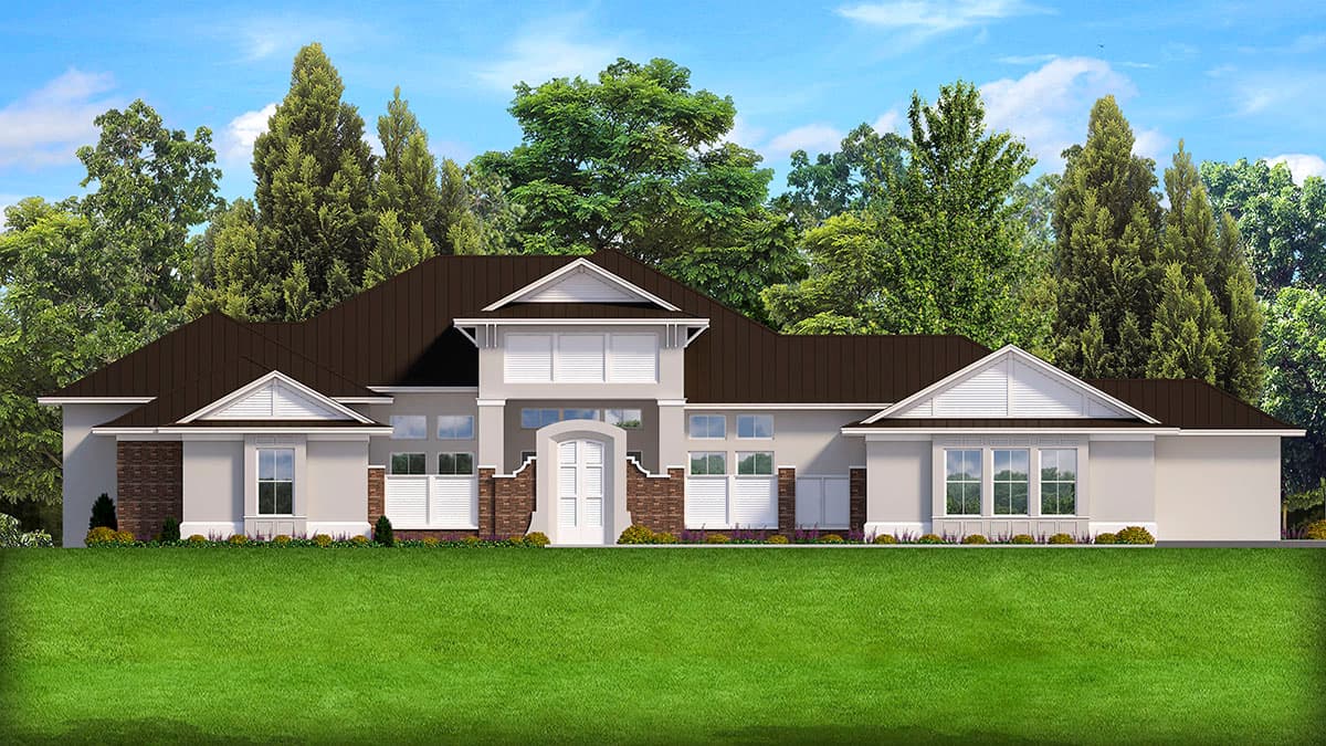 House plan exterior with two stories. Features include gabled roof, brick accents, and a covered entry. Windows are a prominent design element.