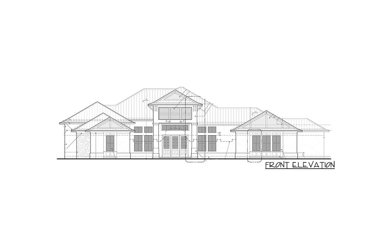 Front elevation drawing of a large house with multiple gables, a prominent central entrance, and numerous windows.
