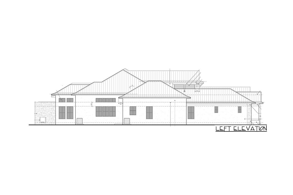Left elevation drawing of a house plan with varied rooflines, multiple windows, and stone accents.