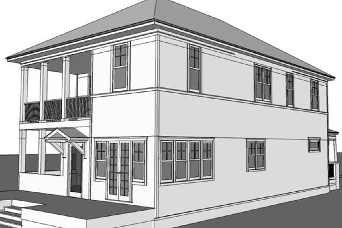 House plan exterior: Two-story, with a covered upper balcony, lower-level porch, and multiple windows.