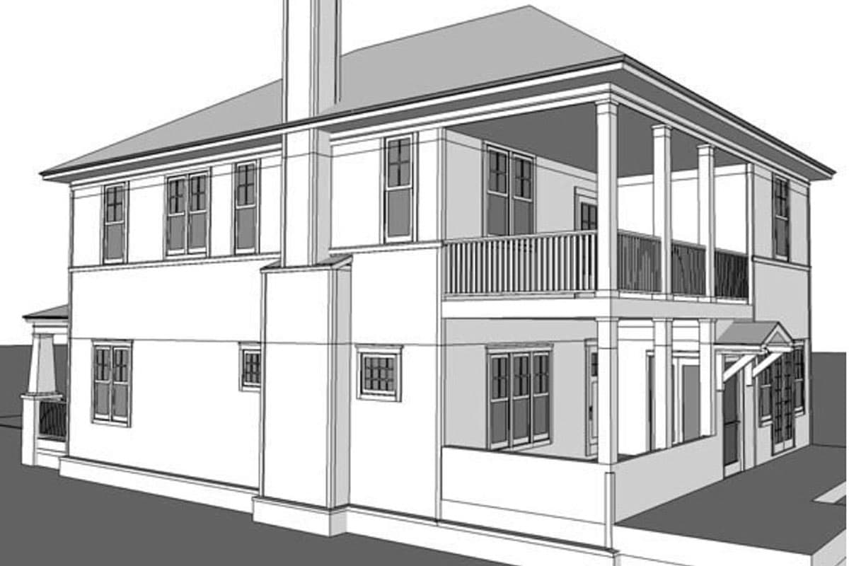 House plan exterior: two-story home with a prominent chimney, second-story balcony, and covered front porch.