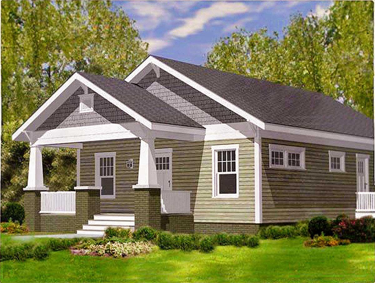 House plan exterior shows Craftsman style, single-story home with front porch, gable roof, and decorative trim details.