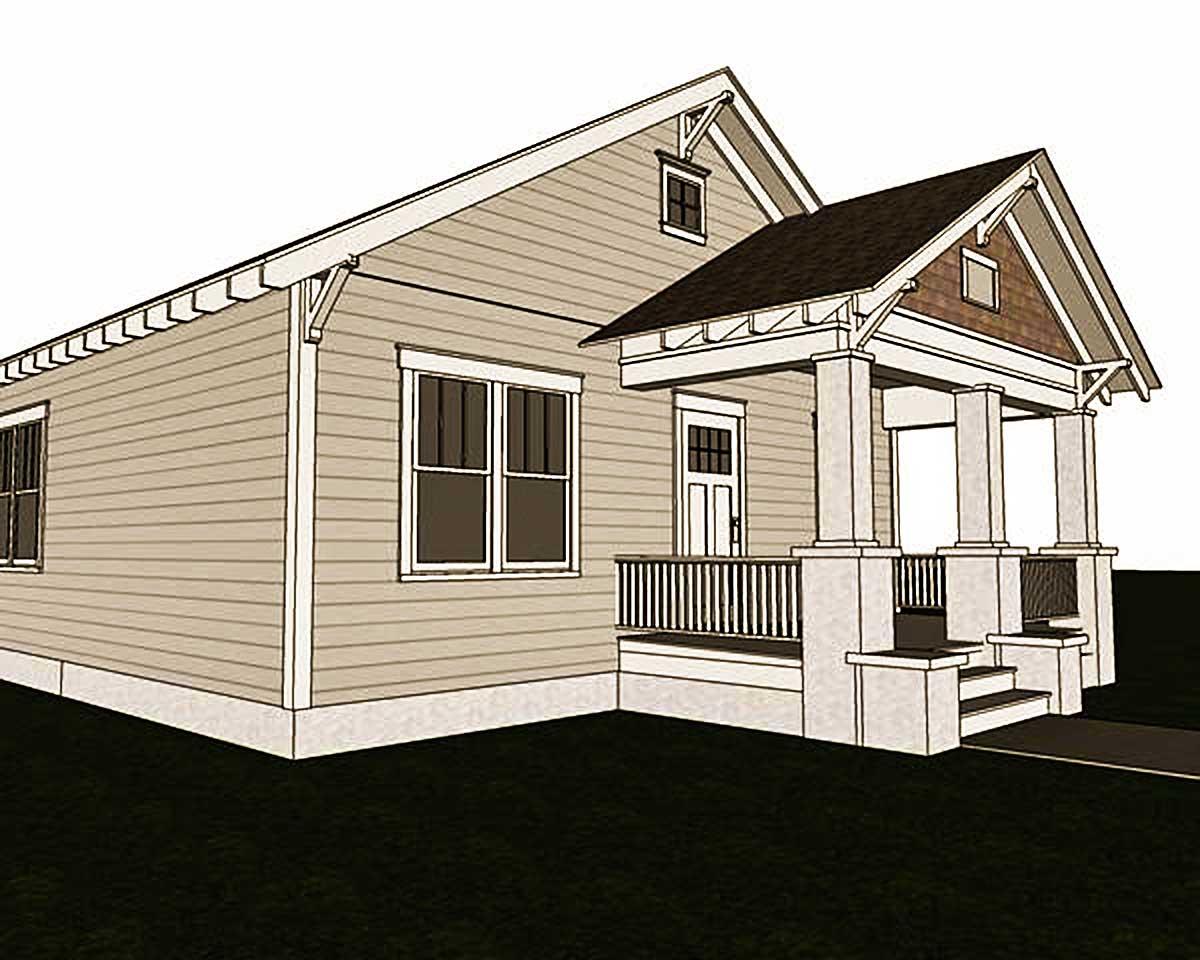 Craftsman style house plan exterior with a covered front porch supported by square columns, visible gables, and double-hung windows.