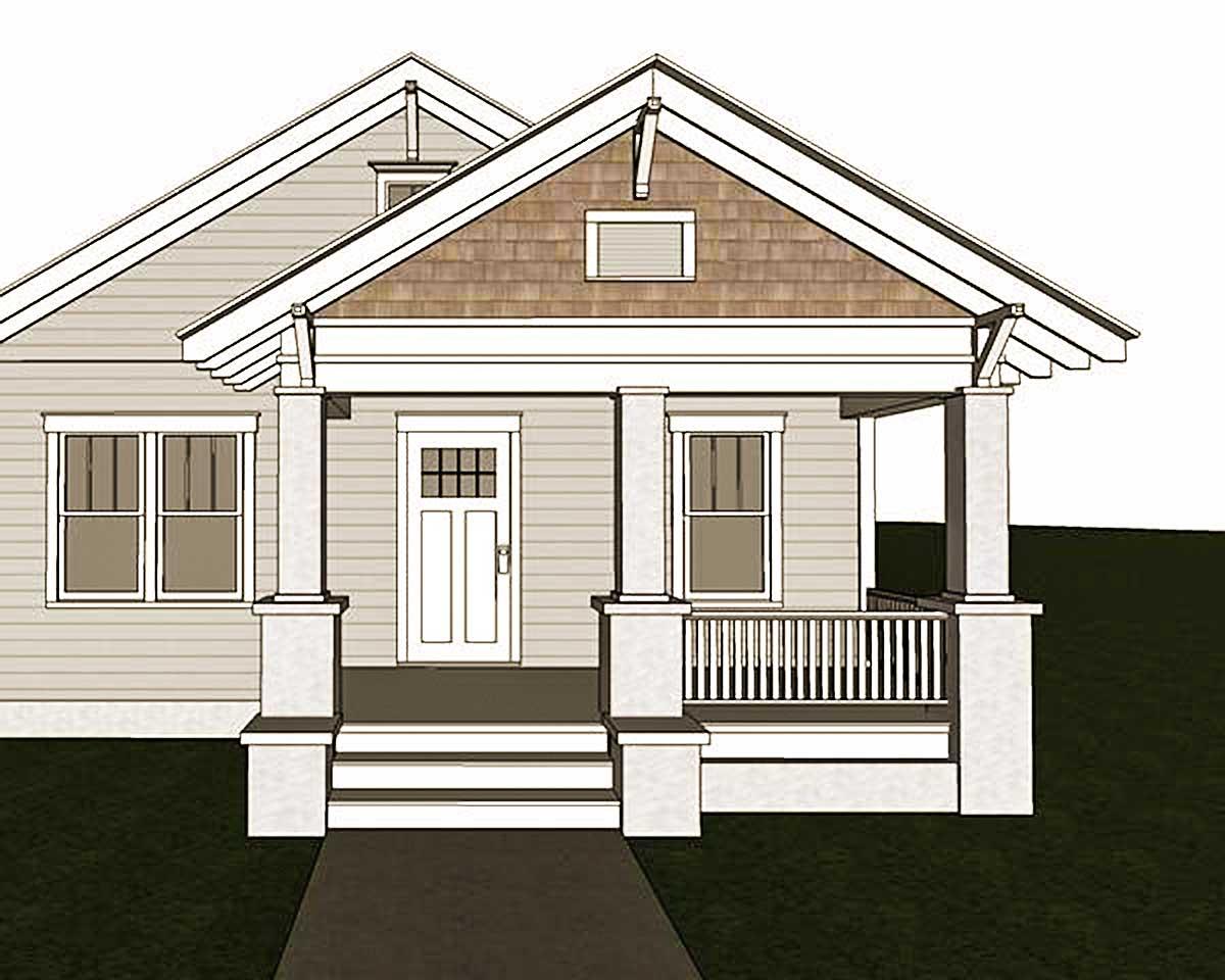 Craftsman style house plan exterior with a prominent front porch, double-hung windows, and exposed rafter tails.