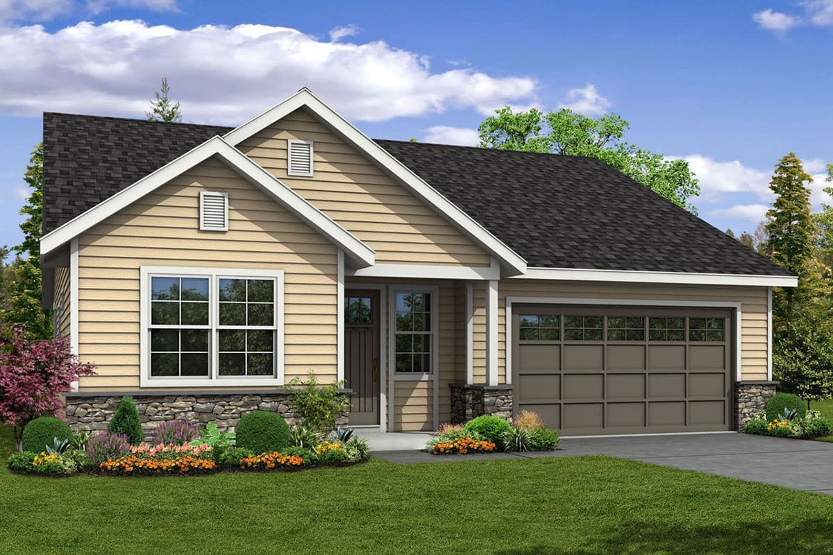 House plan exterior. Craftsman style, single-story home with gables and a front-facing garage. Features stone facade and covered porch.
