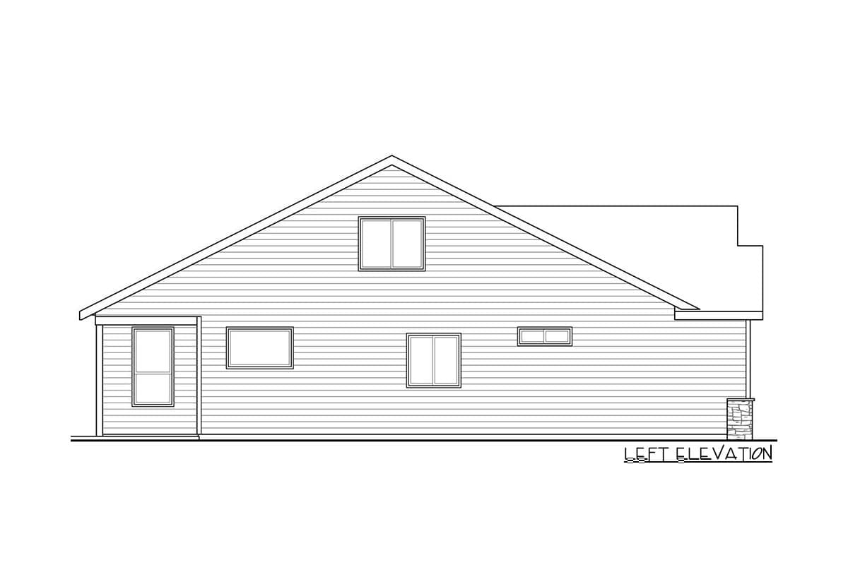 Left elevation drawing of a house plan with horizontal siding, a prominent gable, and multiple windows.