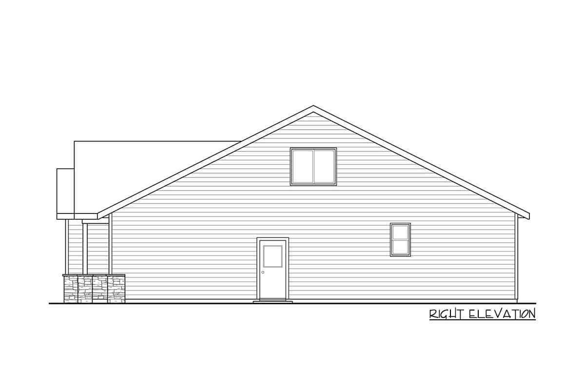 Right elevation drawing of a house plan, showing a side-facing view with a covered porch and stone base.