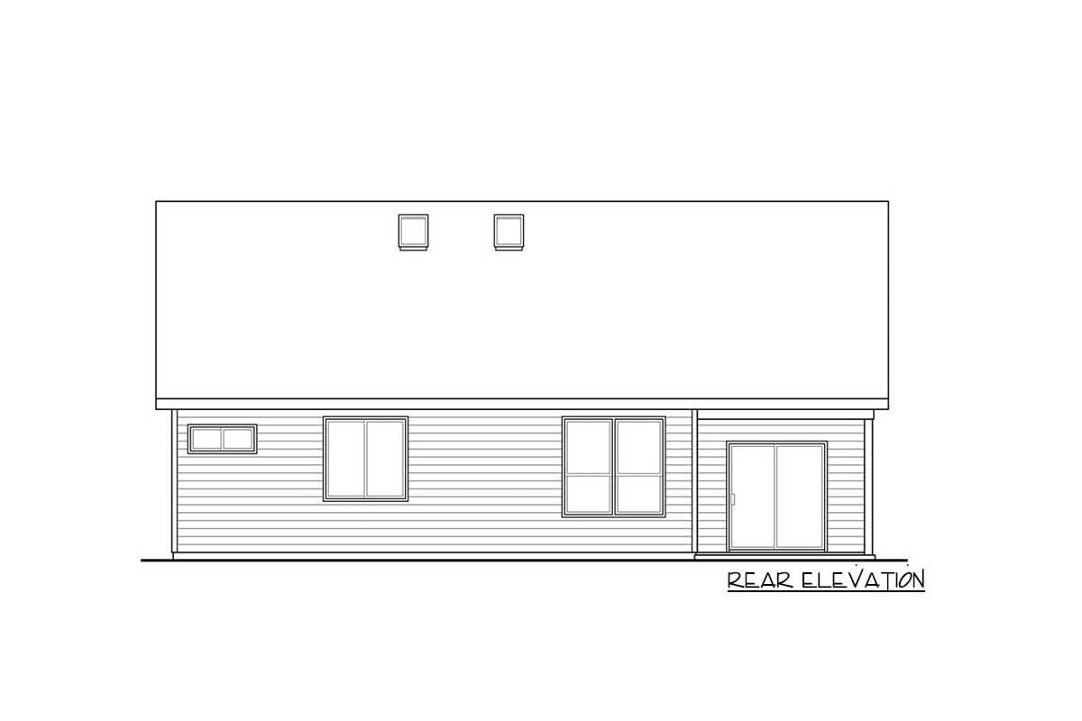 Rear elevation drawing of a house plan with three windows and sliding glass doors.