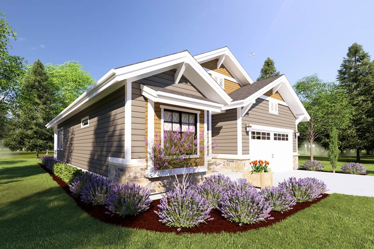 House plan exterior: Modern Farmhouse style, two stories, siding, stone accents, gable rooflines, and attached garage.